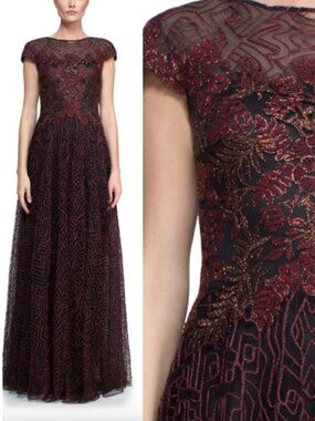 NWT Tadashi Shoji Embroidered Lace Giselle Gown Dress AUK16659L Raisin Black